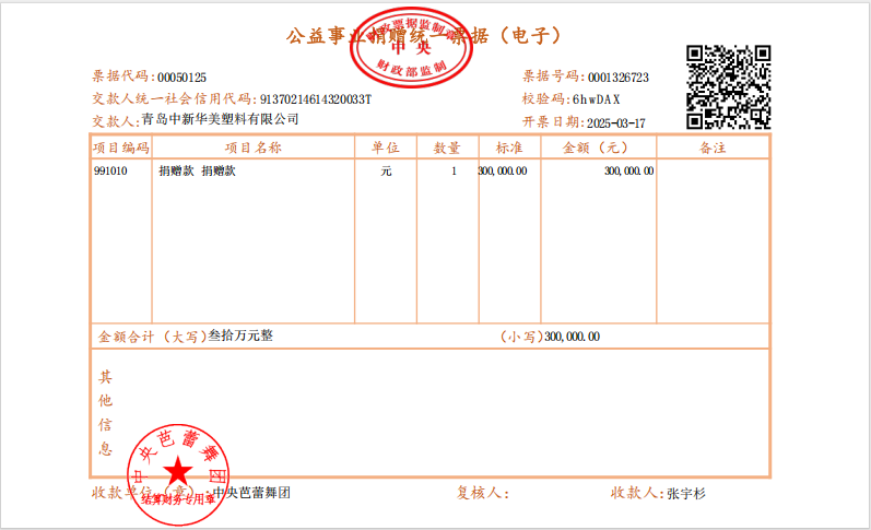 青島中新華美塑料有限公司捐贈(zèng)30萬元，攜手中央芭蕾舞團(tuán)共筑藝術(shù)未來