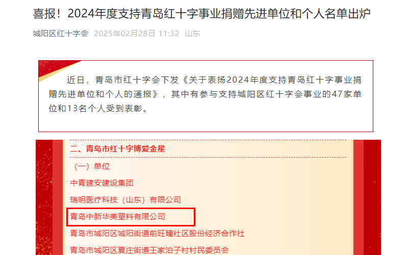 喜報(bào)！青島中新華美塑料有限公司榮獲“青島市紅十字博愛金星”獎(jiǎng)